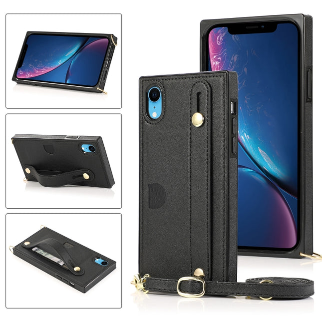 For iPhone XR Wrist Strap PU+TPU Shockproof Protective Case with Crossbody Lanyard & Holder & Card Slot(Black)-garmade.com