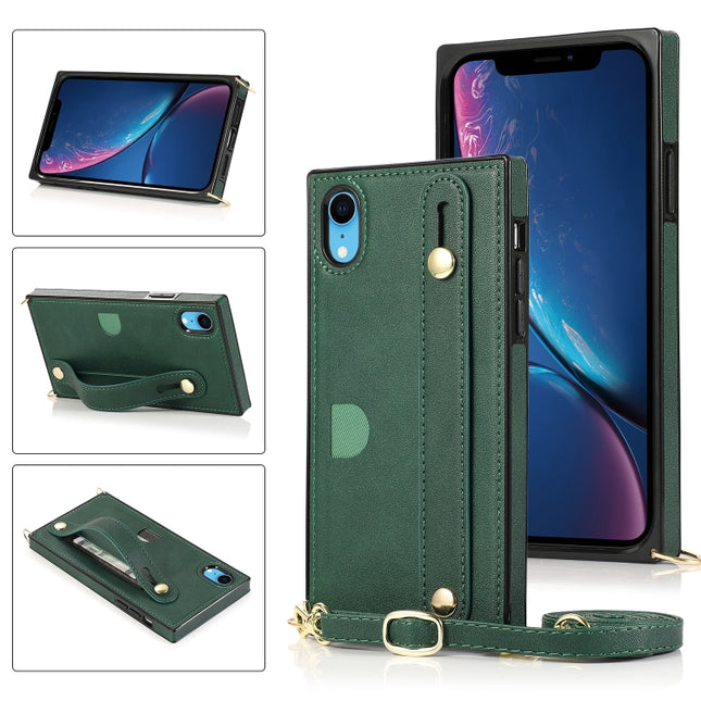 For iPhone XR Wrist Strap PU+TPU Shockproof Protective Case with Crossbody Lanyard & Holder & Card Slot(Green)-garmade.com