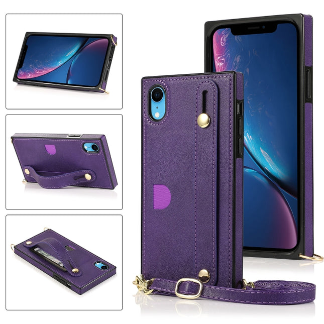 For iPhone XR Wrist Strap PU+TPU Shockproof Protective Case with Crossbody Lanyard & Holder & Card Slot(Purple)-garmade.com