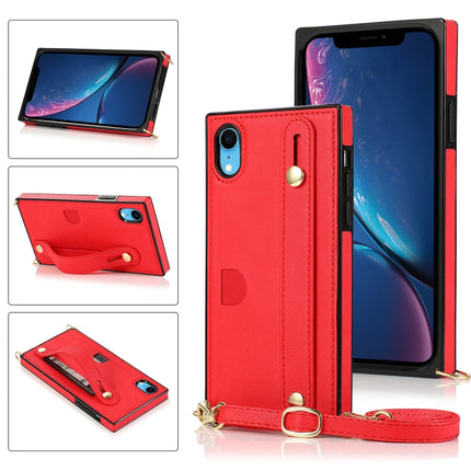 For iPhone XR Wrist Strap PU+TPU Shockproof Protective Case with Crossbody Lanyard & Holder & Card Slot(Red)-garmade.com