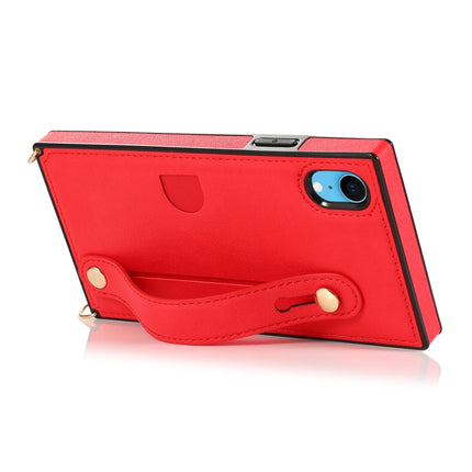 For iPhone XR Wrist Strap PU+TPU Shockproof Protective Case with Crossbody Lanyard & Holder & Card Slot(Red)-garmade.com