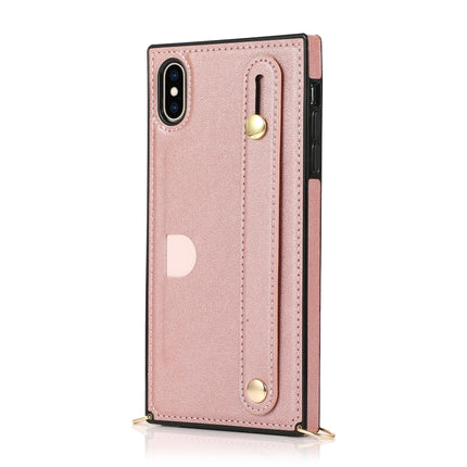 For iPhone XS Max Wrist Strap PU+TPU Shockproof Protective Case with Crossbody Lanyard & Holder & Card Slot(Rose Gold)-garmade.com