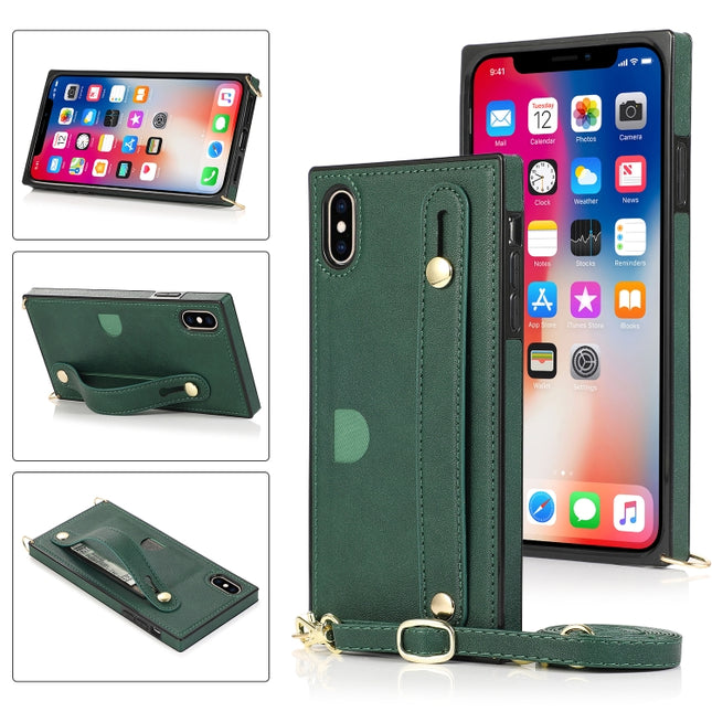 For iPhone XS Max Wrist Strap PU+TPU Shockproof Protective Case with Crossbody Lanyard & Holder & Card Slot(Green)-garmade.com