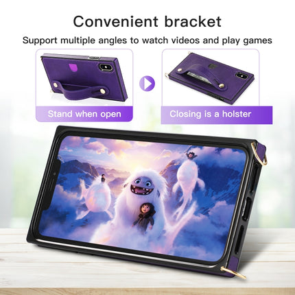 For iPhone XS Max Wrist Strap PU+TPU Shockproof Protective Case with Crossbody Lanyard & Holder & Card Slot(Purple)-garmade.com