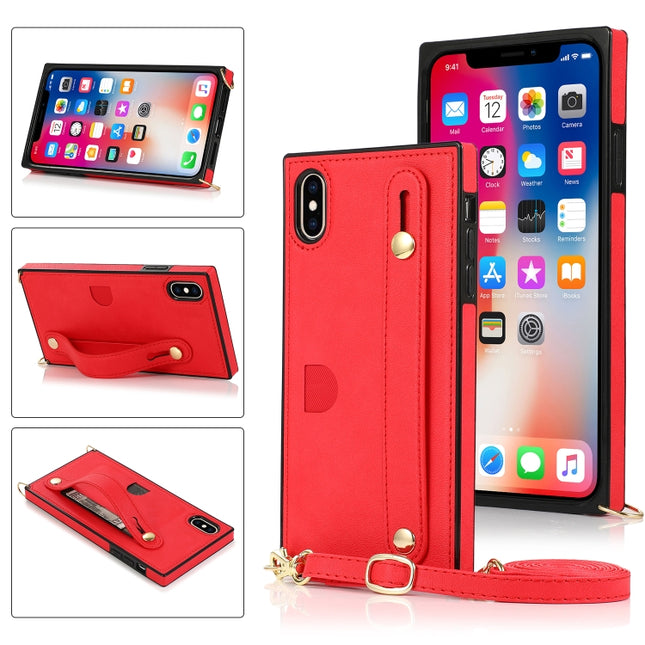 For iPhone XS Max Wrist Strap PU+TPU Shockproof Protective Case with Crossbody Lanyard & Holder & Card Slot(Red)-garmade.com