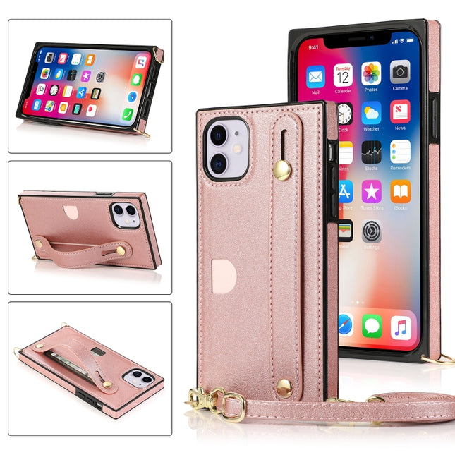 For iPhone 11 Wrist Strap PU+TPU Shockproof Protective Case with Crossbody Lanyard & Holder & Card Slot(Rose Gold)-garmade.com