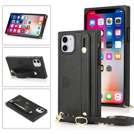 For iPhone 11 Wrist Strap PU+TPU Shockproof Protective Case with Crossbody Lanyard & Holder & Card Slot(Black)-garmade.com