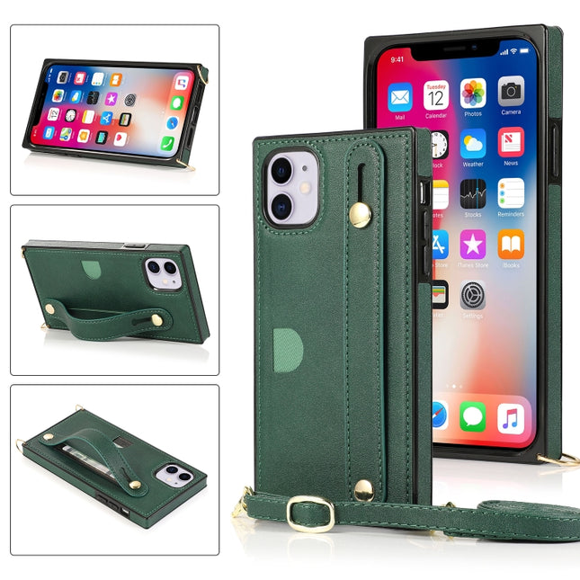 For iPhone 11 Wrist Strap PU+TPU Shockproof Protective Case with Crossbody Lanyard & Holder & Card Slot(Green)-garmade.com