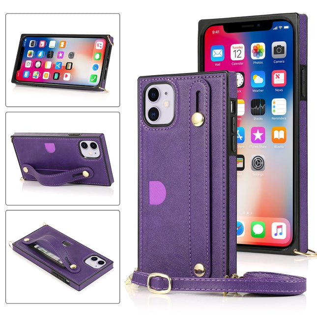 For iPhone 11 Wrist Strap PU+TPU Shockproof Protective Case with Crossbody Lanyard & Holder & Card Slot(Purple)-garmade.com
