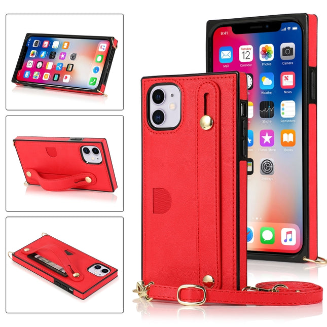 For iPhone 11 Wrist Strap PU+TPU Shockproof Protective Case with Crossbody Lanyard & Holder & Card Slot(Red)-garmade.com