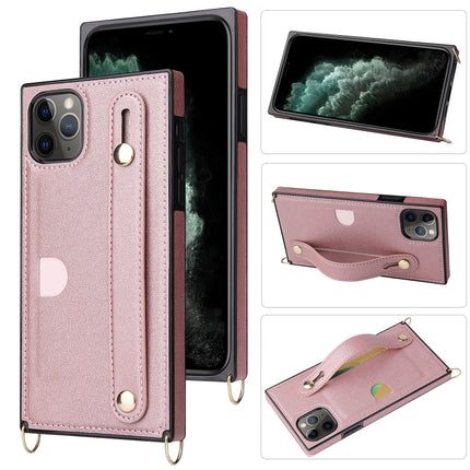 For iPhone 11 Pro Wrist Strap PU+TPU Shockproof Protective Case with Crossbody Lanyard & Holder & Card Slot(Rose Gold)-garmade.com