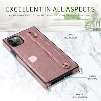 For iPhone 11 Pro Wrist Strap PU+TPU Shockproof Protective Case with Crossbody Lanyard & Holder & Card Slot(Rose Gold)-garmade.com