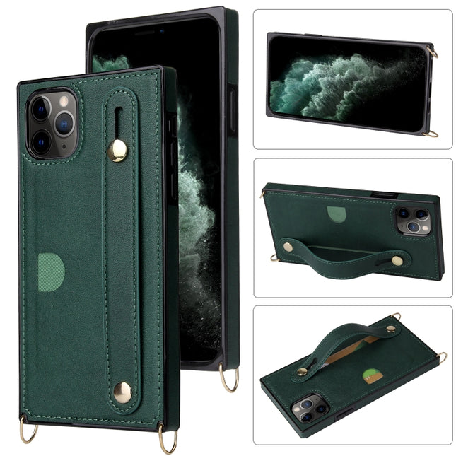 For iPhone 11 Pro Wrist Strap PU+TPU Shockproof Protective Case with Crossbody Lanyard & Holder & Card Slot(Green)-garmade.com