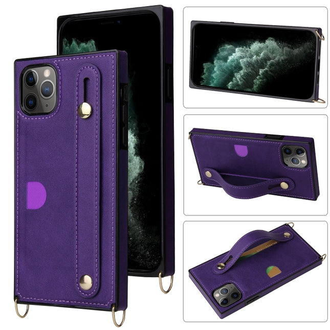 For iPhone 11 Pro Wrist Strap PU+TPU Shockproof Protective Case with Crossbody Lanyard & Holder & Card Slot(Purple)-garmade.com