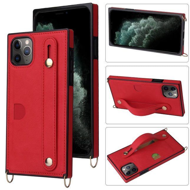 For iPhone 11 Pro Wrist Strap PU+TPU Shockproof Protective Case with Crossbody Lanyard & Holder & Card Slot(Red)-garmade.com