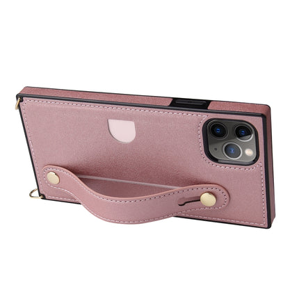 For iPhone 11 Pro Max Wrist Strap PU+TPU Shockproof Protective Case with Crossbody Lanyard & Holder & Card Slot(Rose Gold)-garmade.com