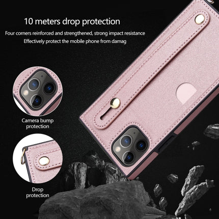 For iPhone 11 Pro Max Wrist Strap PU+TPU Shockproof Protective Case with Crossbody Lanyard & Holder & Card Slot(Rose Gold)-garmade.com