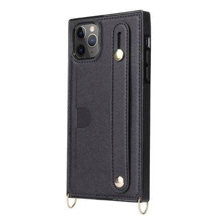 For iPhone 11 Pro Max Wrist Strap PU+TPU Shockproof Protective Case with Crossbody Lanyard & Holder & Card Slot(Black)-garmade.com