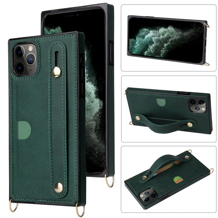 For iPhone 11 Pro Max Wrist Strap PU+TPU Shockproof Protective Case with Crossbody Lanyard & Holder & Card Slot(Green)-garmade.com
