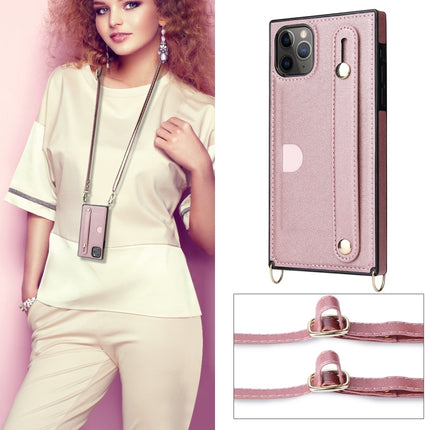 For iPhone 11 Pro Max Wrist Strap PU+TPU Shockproof Protective Case with Crossbody Lanyard & Holder & Card Slot(Purple)-garmade.com