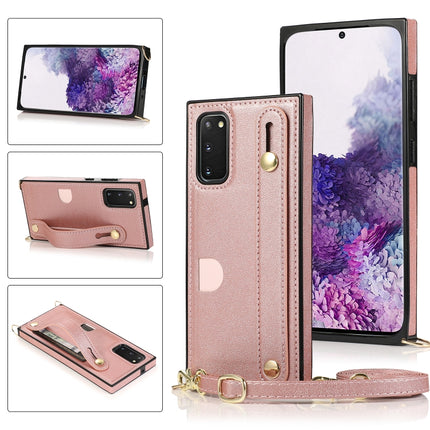 For Samsung Galaxy S20 Plus Wrist Strap PU+TPU Shockproof Protective Case with Crossbody Lanyard & Holder & Card Slot(Rose Gold)-garmade.com