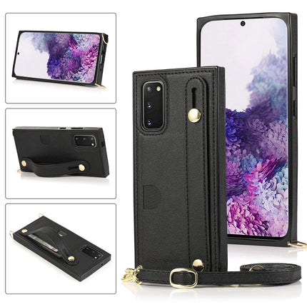 For Samsung Galaxy S20 Plus Wrist Strap PU+TPU Shockproof Protective Case with Crossbody Lanyard & Holder & Card Slot(Black)-garmade.com