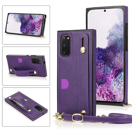 For Samsung Galaxy S20 Plus Wrist Strap PU+TPU Shockproof Protective Case with Crossbody Lanyard & Holder & Card Slot(Purple)-garmade.com