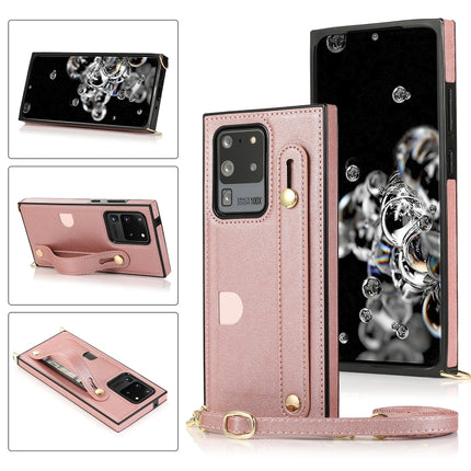 For Samsung Galaxy S20 Ultra Wrist Strap PU+TPU Shockproof Protective Case with Crossbody Lanyard & Holder & Card Slot(Rose Gold)-garmade.com