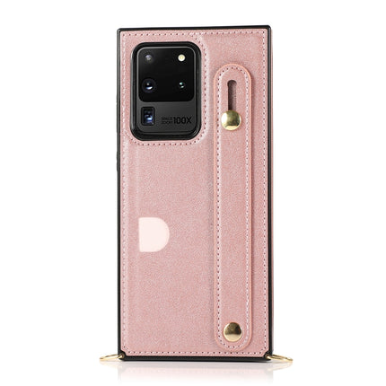 For Samsung Galaxy S20 Ultra Wrist Strap PU+TPU Shockproof Protective Case with Crossbody Lanyard & Holder & Card Slot(Rose Gold)-garmade.com
