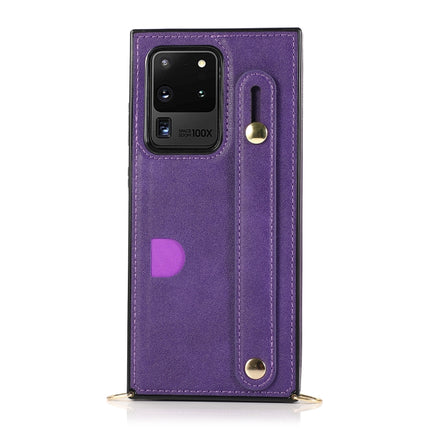 For Samsung Galaxy S20 Ultra Wrist Strap PU+TPU Shockproof Protective Case with Crossbody Lanyard & Holder & Card Slot(Purple)-garmade.com