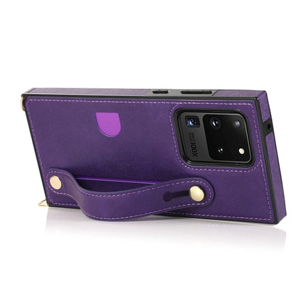 For Samsung Galaxy S20 Ultra Wrist Strap PU+TPU Shockproof Protective Case with Crossbody Lanyard & Holder & Card Slot(Purple)-garmade.com