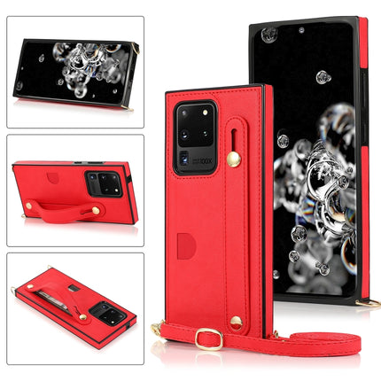 For Samsung Galaxy S20 Ultra Wrist Strap PU+TPU Shockproof Protective Case with Crossbody Lanyard & Holder & Card Slot(Red)-garmade.com