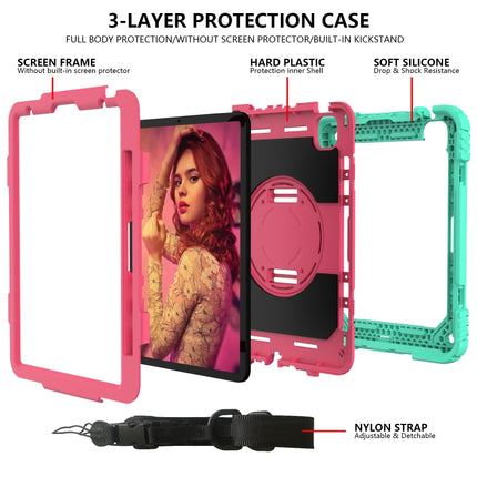 For iPad Air 2022 / 2020 10.9 / Air 2022 Shockproof PC + Silicone Combination Case with Holder & Hand Strap & Shoulder Strap(Mint Green + Rose Red)-garmade.com