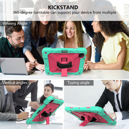 For iPad Air 2022 / 2020 10.9 / Air 2022 Shockproof PC + Silicone Combination Case with Holder & Hand Strap & Shoulder Strap(Mint Green + Rose Red)-garmade.com