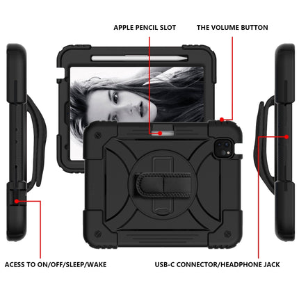 For iPad Air 2022 / 2020 10.9 / Air 2022 Shockproof PC + Silicone Combination Case with Holder & Hand Strap & Shoulder Strap(Black + Black)-garmade.com