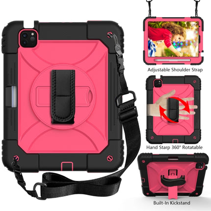 For iPad Air 2022 / 2020 10.9 / Air 2022 Shockproof PC + Silicone Combination Case with Holder & Hand Strap & Shoulder Strap(Black + Rose Red)-garmade.com