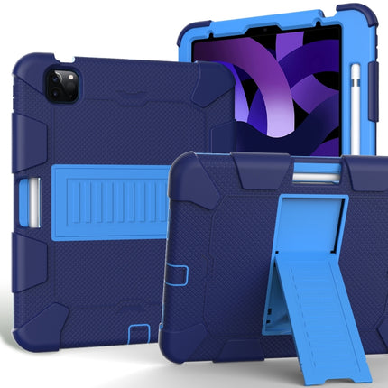 For iPad Air 2022 / 2020 10.9 Shockproof Two-Color Silicone Protective Case with Holder(Navy Blue + Blue)-garmade.com