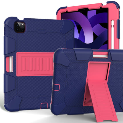 For iPad Air 2022 / 2020 10.9 Shockproof Two-Color Silicone Protective Case with Holder(Navy Blue + Rose Red)-garmade.com