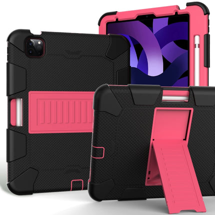 For iPad Air 2022 / 2020 10.9 Shockproof Two-Color Silicone Protective Case with Holder(Black + Rose Red)-garmade.com