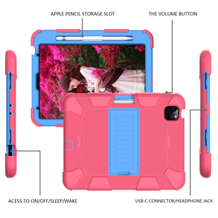For iPad Air 2022 / 2020 10.9 Shockproof Two-Color Silicone Protective Case with Holder(Rose Red + Blue)-garmade.com
