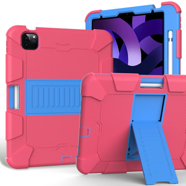 For iPad Air 2022 / 2020 10.9 Shockproof Two-Color Silicone Protective Case with Holder(Rose Red + Blue)-garmade.com