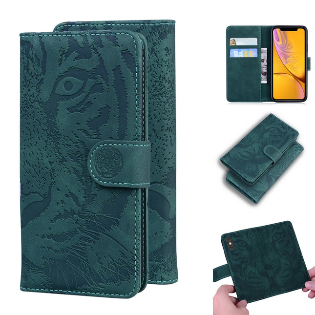 For iPhone XR Tiger Embossing Pattern Horizontal Flip Leather Case with Holder & Card Slots & Wallet(Green)-garmade.com