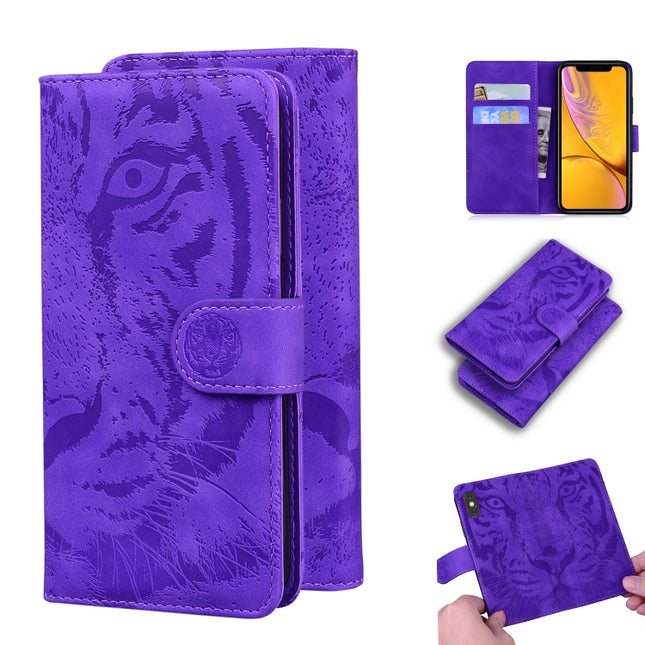 For iPhone XR Tiger Embossing Pattern Horizontal Flip Leather Case with Holder & Card Slots & Wallet(Purple)-garmade.com