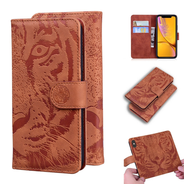 For iPhone XR Tiger Embossing Pattern Horizontal Flip Leather Case with Holder & Card Slots & Wallet(Brown)-garmade.com