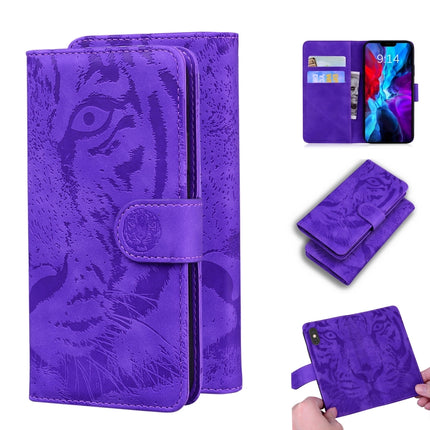 For iPhone 12 / 12 Pro Tiger Embossing Pattern Horizontal Flip Leather Case with Holder & Card Slots & Wallet(Purple)-garmade.com