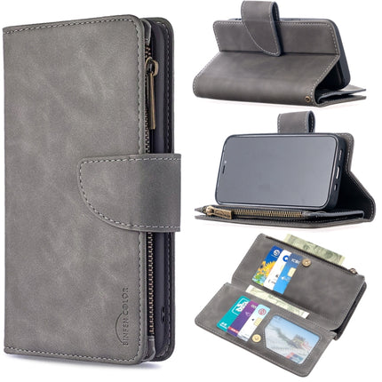 For iPhone 12 mini Skin Feel Detachable Magnetic Zipper Horizontal Flip PU Leather Case with Multi-Card Slots & Holder & Wallet & Photo Frame & Lanyard(Grey)-garmade.com