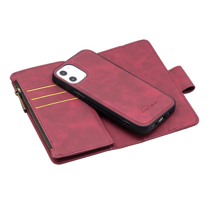 For iPhone 12 mini Skin Feel Detachable Magnetic Zipper Horizontal Flip PU Leather Case with Multi-Card Slots & Holder & Wallet & Photo Frame & Lanyard(Red)-garmade.com