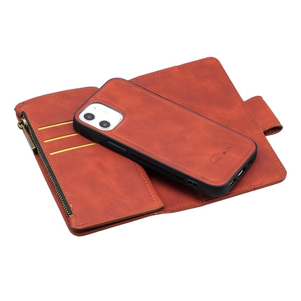 For iPhone 12 mini Skin Feel Detachable Magnetic Zipper Horizontal Flip PU Leather Case with Multi-Card Slots & Holder & Wallet & Photo Frame & Lanyard(Brown)-garmade.com