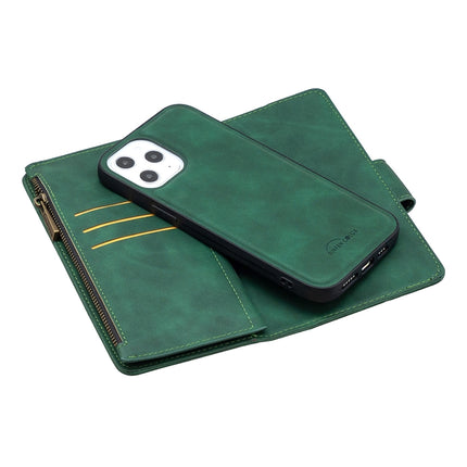 For iPhone 12 Pro Max Skin Feel Detachable Magnetic Zipper Horizontal Flip PU Leather Case with Multi-Card Slots & Holder & Wallet & Photo Frame & Lanyard(Green)-garmade.com