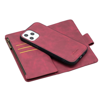 For iPhone 12 Pro Max Skin Feel Detachable Magnetic Zipper Horizontal Flip PU Leather Case with Multi-Card Slots & Holder & Wallet & Photo Frame & Lanyard(Red)-garmade.com